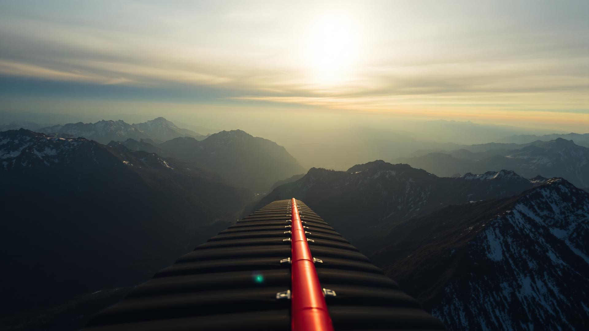 Paraglider soaring above alpine ridges at sunset